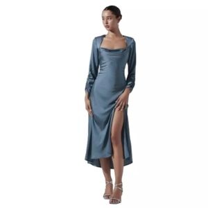 ASTR The Label NWT Gracie Long Sleeve Cutout Satin Midi Dress In Dusty Blue Sz S